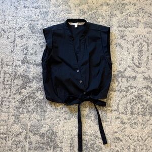 Veronica Beard Navy Button-Down Blouse with Tie